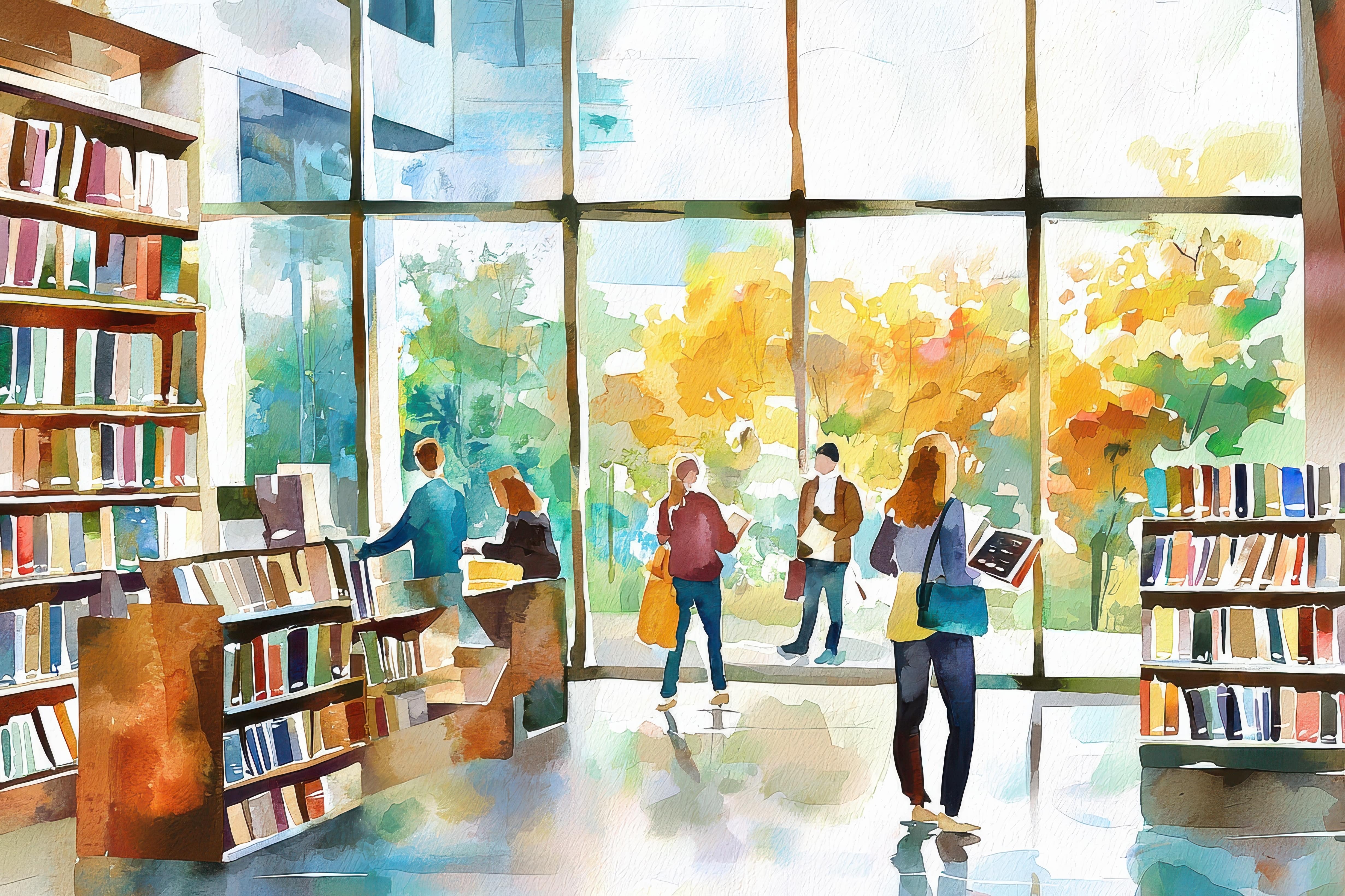 図書館の中で人々がそれぞれ本を探したり、椅子に座って本を読んでいるイメージ画像